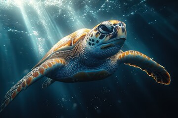 Fototapeta premium Sea turtle swimming through an underwater coral canyon with beams of light and surreal ocean colors, stunning HDR and full-frame sharpness