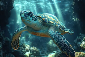 Obraz premium Sea turtle swimming through an underwater coral canyon with beams of light and surreal ocean colors, stunning HDR and full-frame sharpness