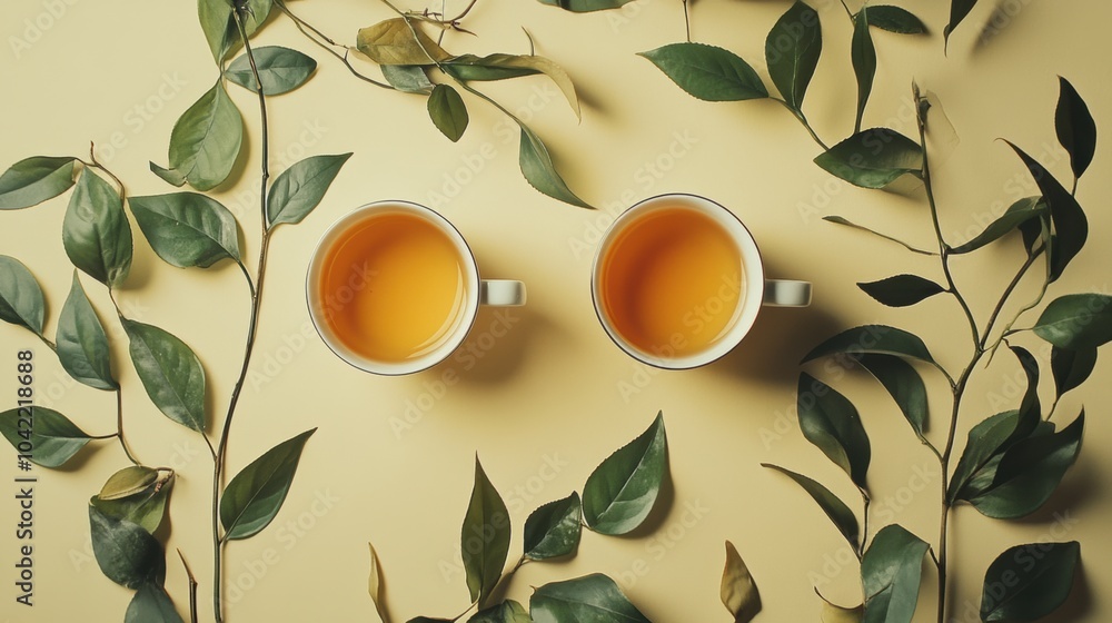 Aufkleber two cups filled with golden tea are surrounded by lush green leaves, creating a tranquil atmosphere 