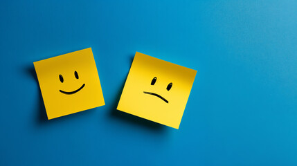 two yellow sticky notes with happy and sad faces on blue background, generative ai