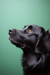 A black dog gazes thoughtfully in profile against a vibrant green background indoors