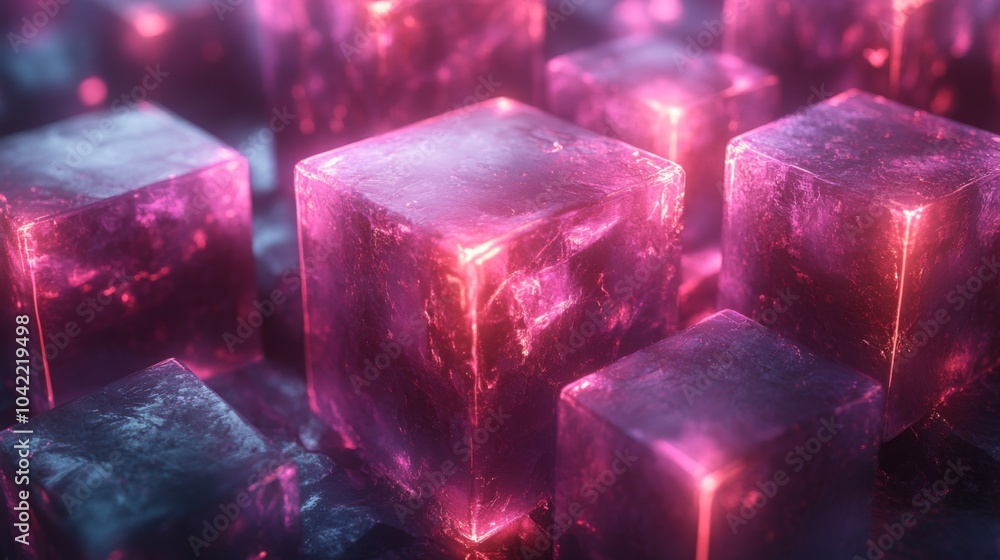 Fototapete Translucent cubes glow with shades of pink and purple, creating an abstract atmosphere filled with soft reflections and depth. The geometric shapes are arranged closely, evoking a surreal environment.