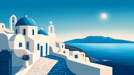 Obraz premium Retro blue and white adobe buildings near the ocean