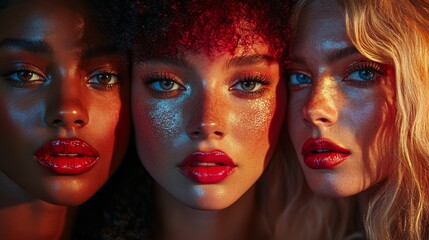 Obraz premium Close-up portrait of three women with colorful lighting