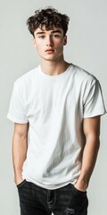 Young man in oversized t-shirt looks relaxed indoors