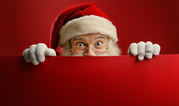 Festive Santa Claus with copy space for text, Merry Christmas Holiday advertisement for retail products specials and sales. 