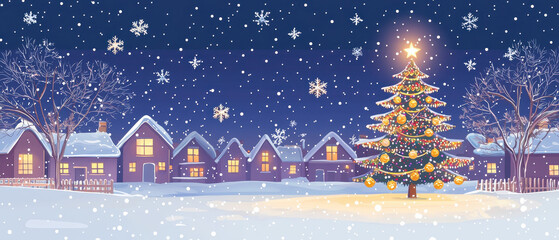 Fototapeta premium A serene winter scene featuring a snowy landscape, decorated Christmas tree, and cozy houses under a starry night sky.