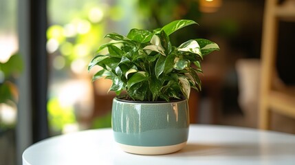 A small green plant in a white pot on a table with soft sunlight in a modern indoor setting