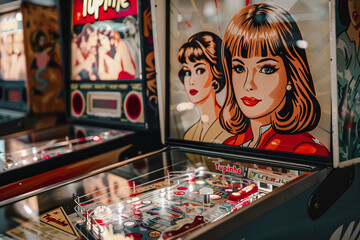 Fototapeta premium Retro pinball machine with illustrated women on backboard, lit by arcade lights. 