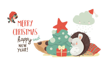 Christmas card with Cute Playful Christmas Hedgehog. Happy New Year, Merry Xmas Design Element