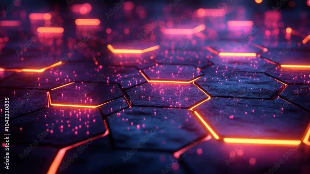 Poster The vibrant hexagonal tiles glow in shades of pink and orange against a dark background, creating a captivating and modern atmosphere reminiscent of futuristic technology and design.