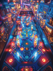 Colorful pinball machine in a vibrant, futuristic arcade, isolated on a transparent background  
