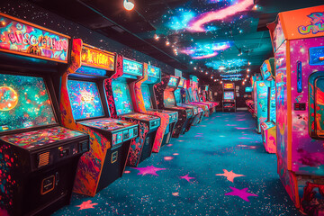 Fototapeta premium Retro arcade game room with rows of colorful machines, isolated on a transparent background 