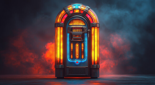 Vintage jukebox illuminated with neon lights, isolated on a transparent background  
