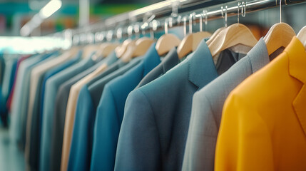 Fototapeta premium A colorful assortment of suits hangs neatly on wooden hangers in a clothing store, with a focus on a vibrant yellow blazer.