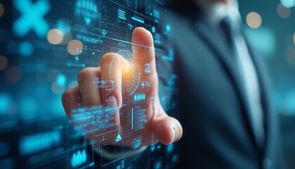 Fototapeta premium A businessman in a suit interacting with a futuristic digital interface with glowing holographic elements, symbolizing innovation and technology. The image conveys advancement and business tech.