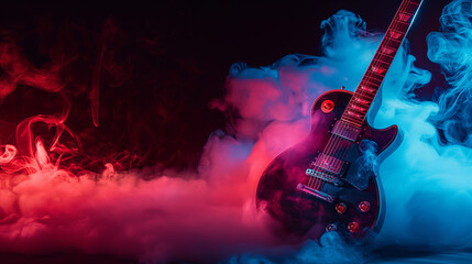 Music background with guitar. rock n roll. drums of smoke. Electric guitar with colorful smoke on black background