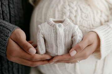 A touching scene of expecting parents holding a small knitted baby sweater in front of a pregnant belly, symbolizing the anticipation and love for their upcoming baby