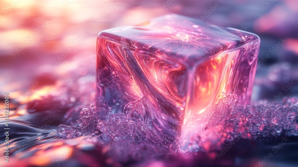 Poster a bright ice cube floats atop a pool of shimmering water, creating mesmerizing swirls and reflection