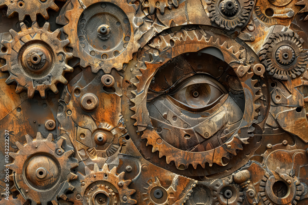 Poster close up of a machine with a large eye in the middle. the eye is surrounded by gears and other mecha