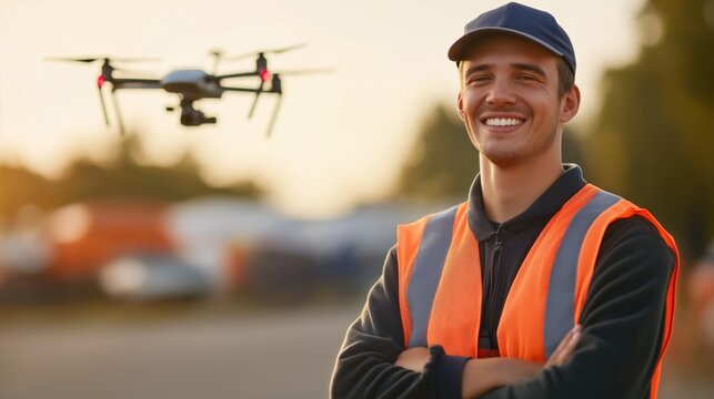 Smiling drone pilot in a work environment with a drone flying nearby