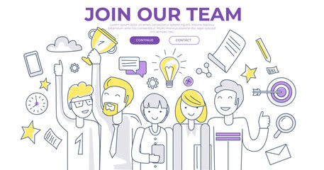 Team holding a trophy, business and technology icons like lightbulbs, gears, and clouds, promoting the value of teamwork and success. For teamwork, innovation, success, collaboration, technology.