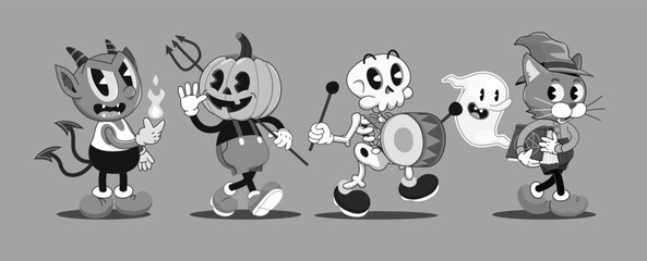 Black and white retro cartoon halloween characters walking in a group greeting viewers. Halloween vector design element. Cute funny cartoon characters. Card poster design element.Cartoon retro style. 
