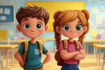 Little cartoon school pupils with backpacks standing in school classroom