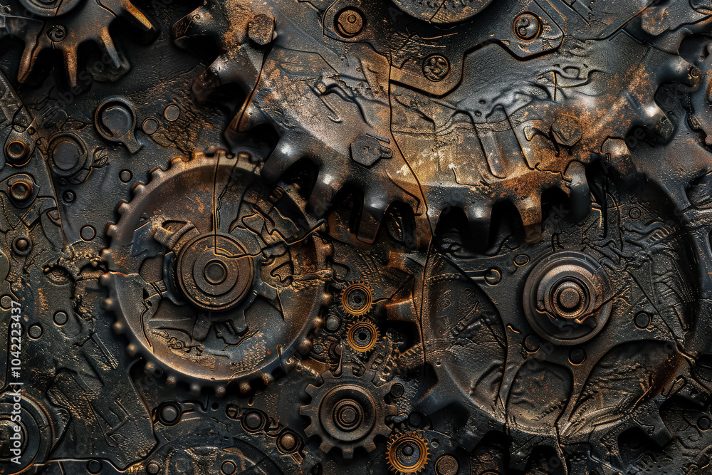 Poster close up of a machine with a large eye in the middle. the eye is surrounded by gears and other mecha