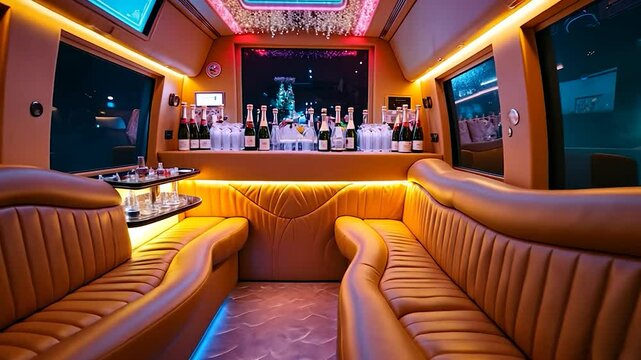 Luxurious Party Bus Interior with Champagne Bar and Leather Seating