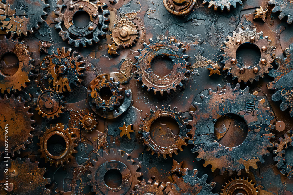 Poster close up of a machine with a large eye in the middle. the eye is surrounded by gears and other mecha