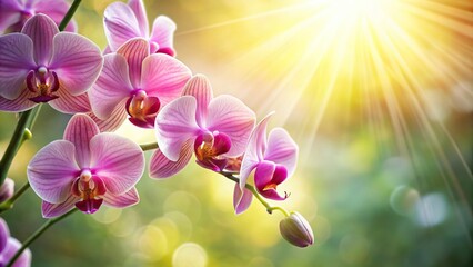 Reflected orchid petals with sunlight in the background