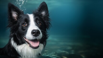 Fototapeta premium A cheerful Border Collie swimming in calm waters, its wet fur and bright eyes reflecting happiness, with a close-up of its face showcasing a joyful expression and playful energy