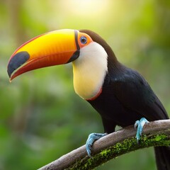 Fototapeta premium Imagem detalhada de um tucano com plumagem exótica, posando em um galho ao sol, em meio à vegetação tropical.
