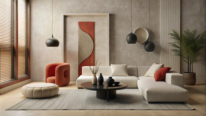 Minimalist living room, neutral tones, large black square artwork on wall, white sofa, wooden coffee table black color, organic shapes, ceramic vases red color, natural textures, wabi-sabi aesthetic, 