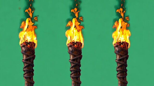 wood burning torch fire isolated on greenscreen, generative ai