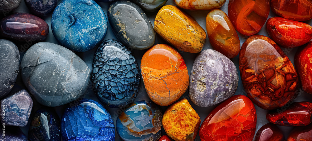 Poster collection of colorful rocks with a blue one in the middle. the rocks are arranged in a way that the