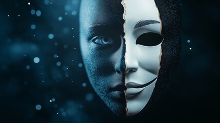 A surreal artwork showing a face split in half, with one side covered by a smooth white mask and the other side showing textured skin, symbolizing duality and hidden emotions