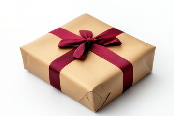 Obraz premium Beautiful gift wrapped in brown paper with a red ribbon on a white background. Isolated. Top view. Close-up. Flat lay. 
