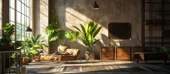 Sunlight streams through a large window illuminating a living room with exposed brick walls, plants, and furniture.