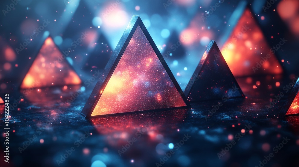 Poster the composition features glowing pyramids arranged thoughtfully, radiating colorful lights against a