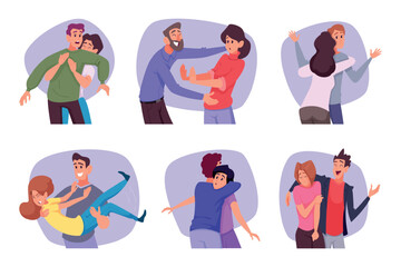 Fototapeta premium Hugs. Negative Unwanted connection with people awkward stressed persons exact vector illustration set in cartoon style