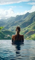 Woman relaxing in pool overlooking mountains.