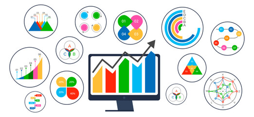 Fototapeta premium Multiple graphical elements and charts representing data and business analytics. Includes bar charts, pie charts, and flow diagrams. Ideal for data presentation and business analysis. Clean vector