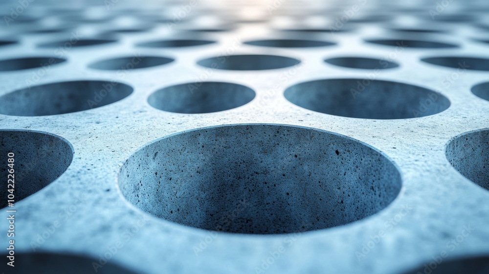 Poster A detailed surface featuring numerous circular cutouts, highlighting the texture of concrete with soft daylight illuminating the scene, creating interesting shadows.