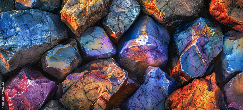 Poster collection of colorful rocks with a blue one in the middle. the rocks are arranged in a way that the