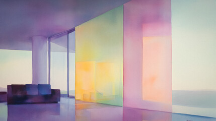 Expressive Watercolor Modernist Architectural Interior