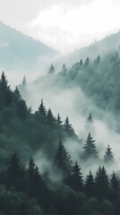 Autumn mountains shrouded in fog, with golden and red leaves on the trees, perfect for tranquil and reflective stock landscape photography.
