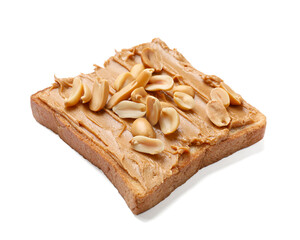 Tasty sandwich with peanut butter and nuts isolated on white