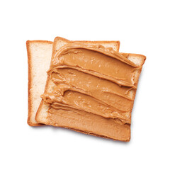 Delicious sandwich with peanut butter isolated white, top view
